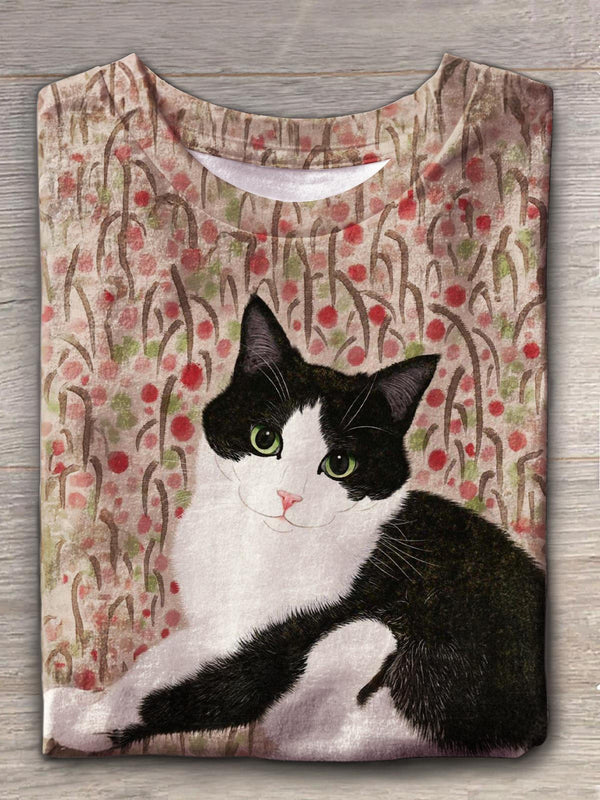 Retro Cat Flower Crew Neck T-shirt