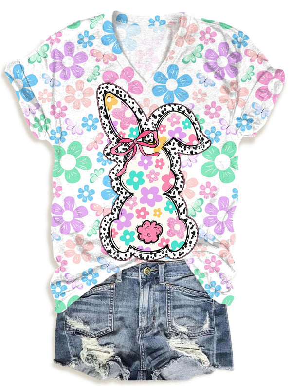 Easter Childlike Style Floral Bunny V-neck T-Shirt