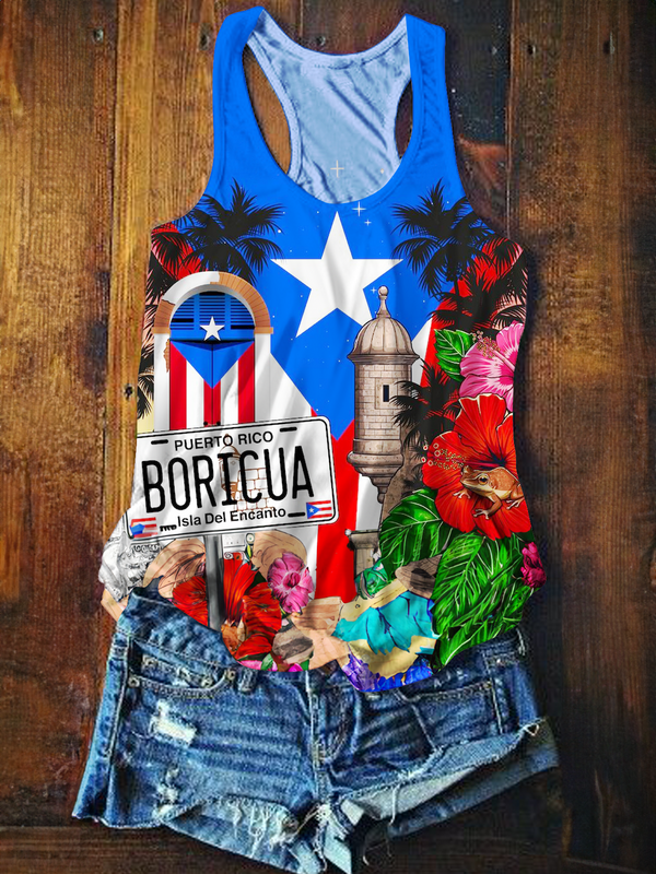 Collage of Puerto Rican Flag Symbols Printed Casual Tank Top