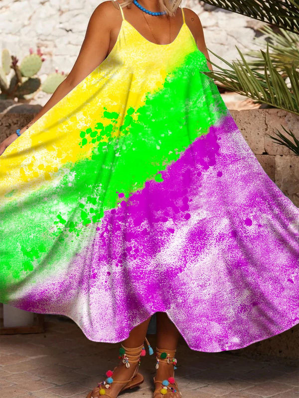 Women's Mardi Gras Tie Dye Print Casual Spaghetti Strap Dress