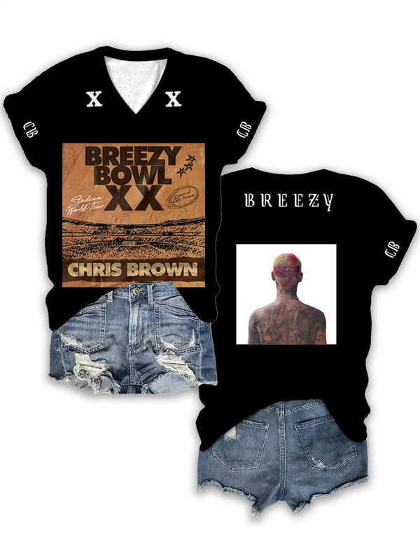 Camiseta con cuello en V y estampado de doble cara de Chris Brown Tour Fashion 
