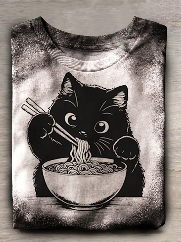 Women's Retro Cat Loves Noodles Print Casual T-shirt