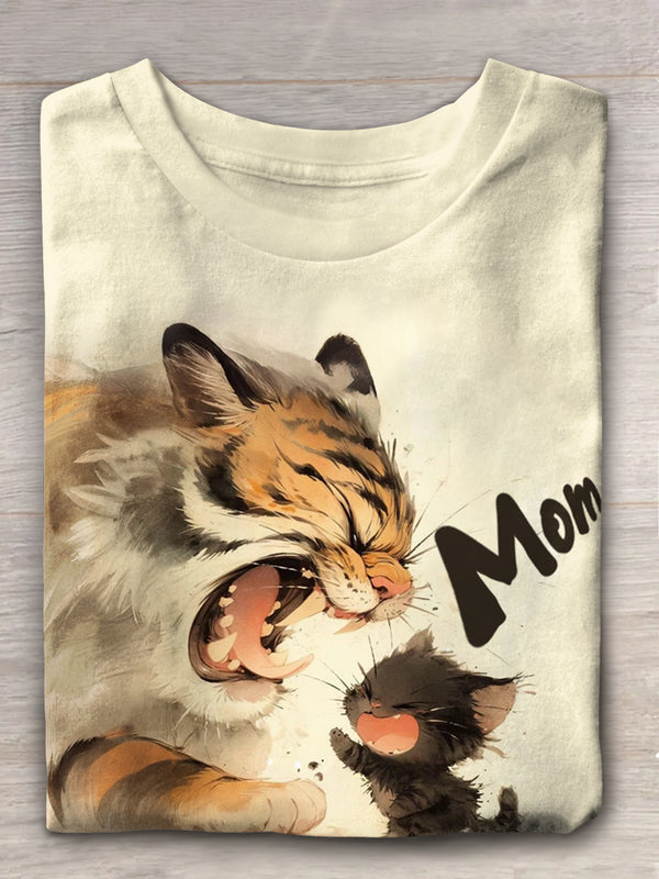 Roaring Tiger Dad/Mom And Cute Cat Kid Fun Print T-shirt