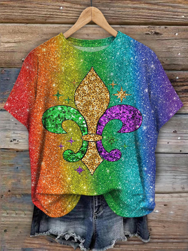 Glitter Trendy Mardi Gras Crew Neck T-shirt