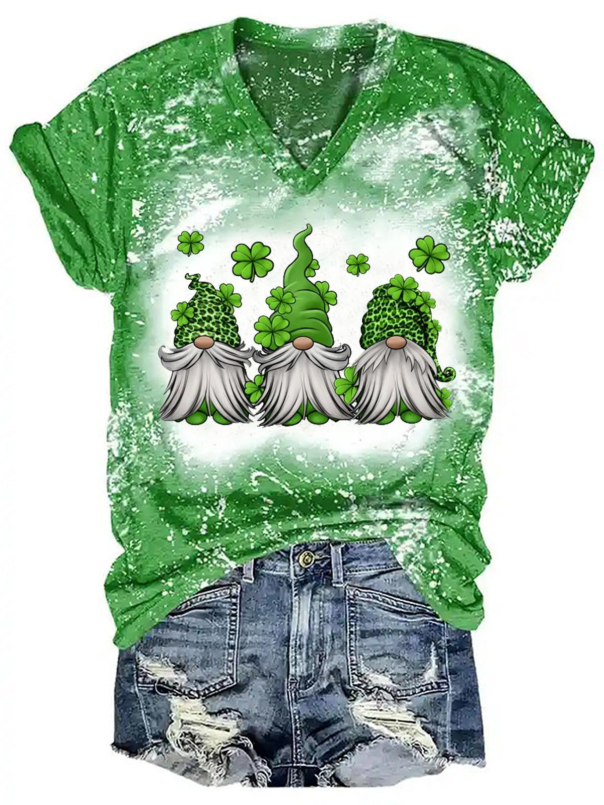 Women's Gnome Clover Print Tie Dye T-Shirt