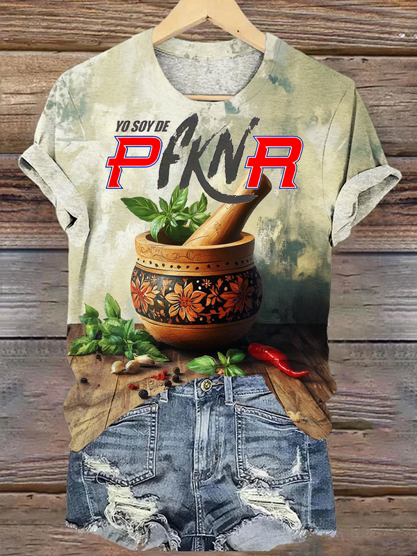 Puerto Rican Pilón With Floral PFKNR Crew Neck T-shirt