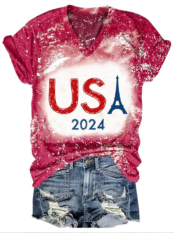USA Eiffel Tower Print Tie Dye Top