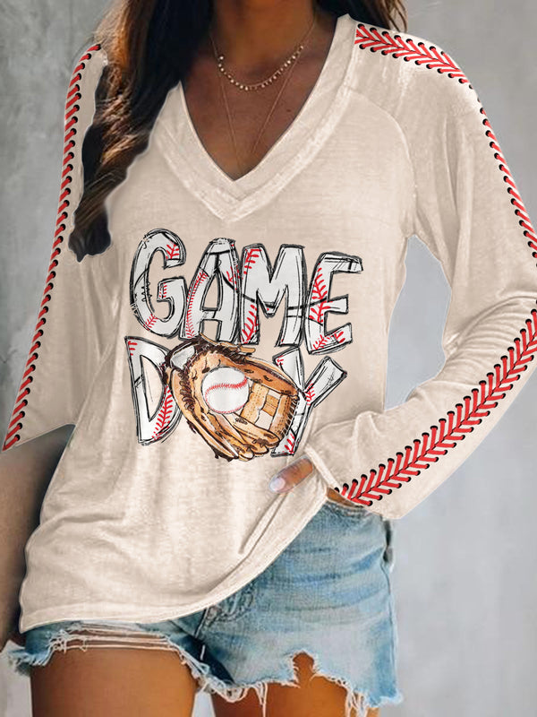 Top de manga larga con cuello en V y estampado de béisbol Game Day 