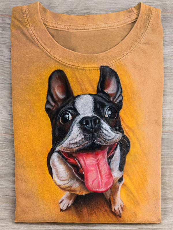 Cute Big Mouth French Bulldog Print Crew Neck T-shirt