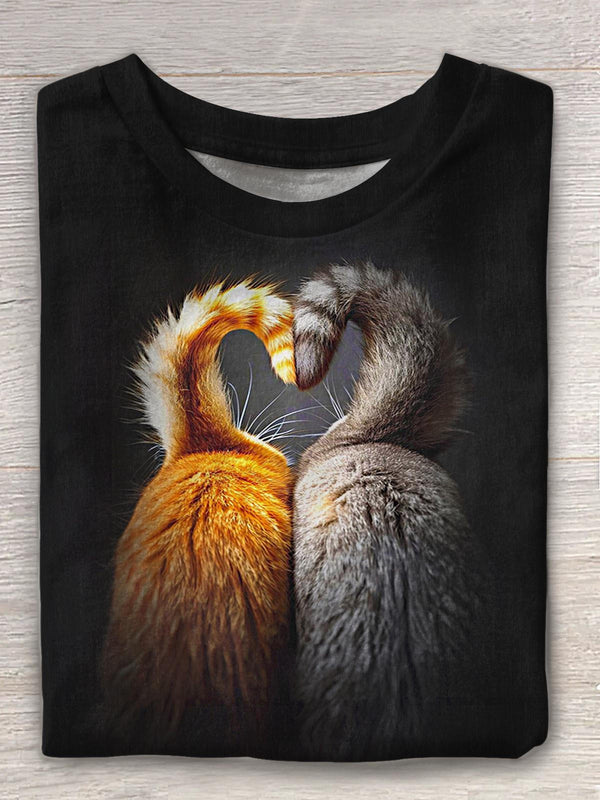 Valentine's Day Cat Tail Love Print Crew Neck T-shirt