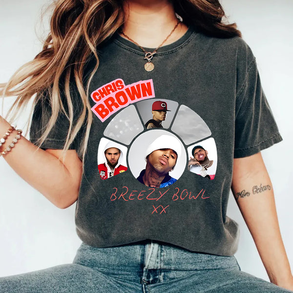 Camiseta de cuello redondo con estampado de retrato de rueda creativa de Chris Brown 