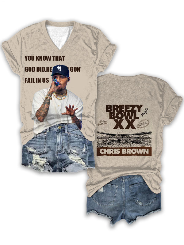Camiseta de cuello en V con estampado de retrato de Chris Brown Tour 