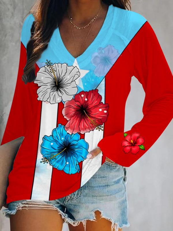 Puerto Rico Classic Flag Flower Print V-Neck Long Sleeve Top