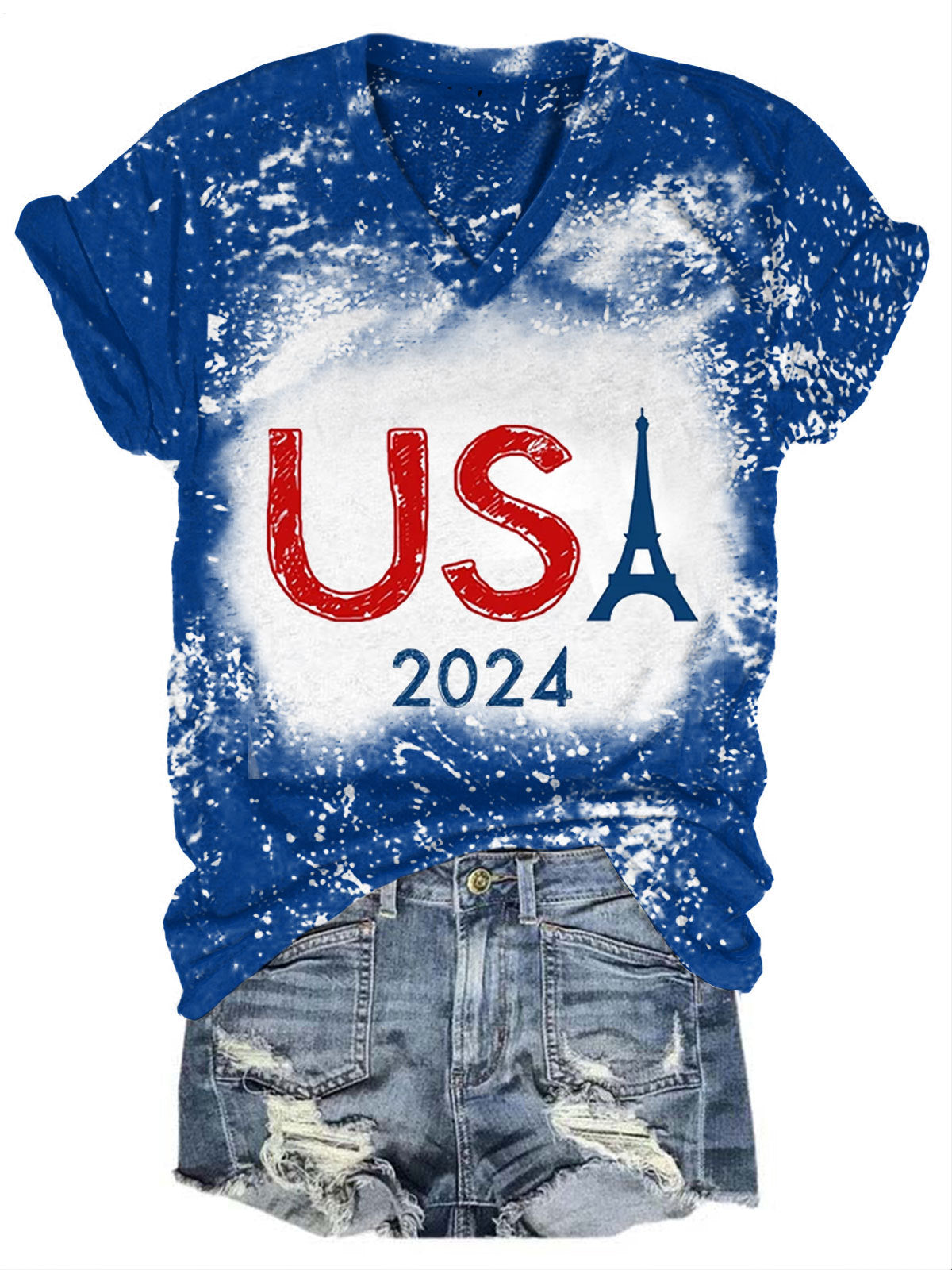 USA Eiffel Tower Print Tie Dye Top