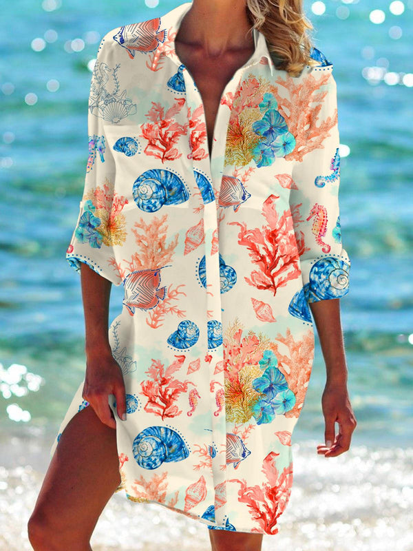 Vestido playero de manga larga estilo hawaiano con estampado de vida marina 