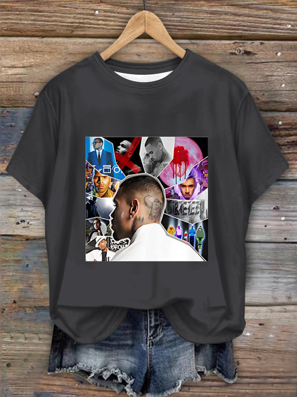 Camiseta de cuello redondo con estampado combinado de retrato de Chris Brown 