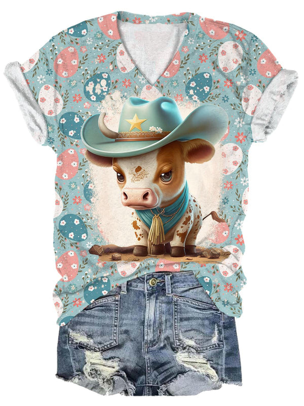 Women's Easter Day Cute Cow Western Cow Easter Egg Printed T-shirt