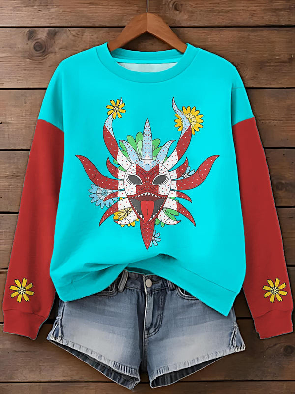 Puerto Rico Splicing Color Contrast Printed Long Sleeve Casual Top
