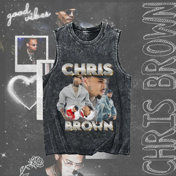 Chris Brown Washed Cotton Round Neck Sleeveless Vest