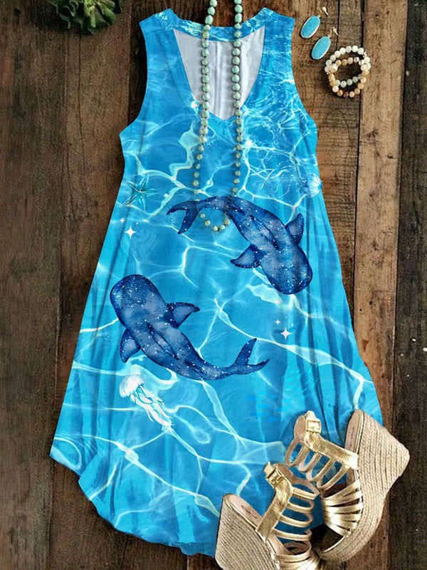 Ocean Whale Print Sleeveless V Neck Dress