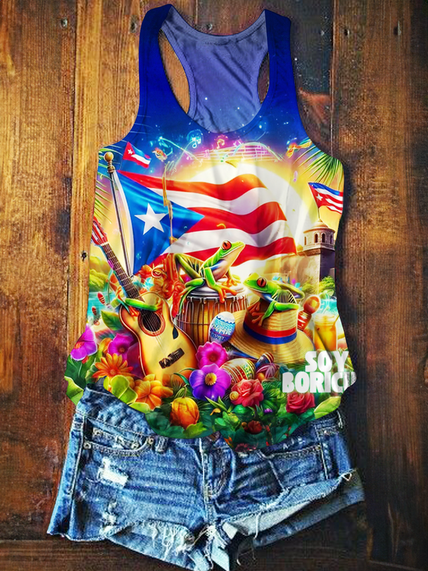 DTMF Puerto Rico Flag Printed Casual Tank Top