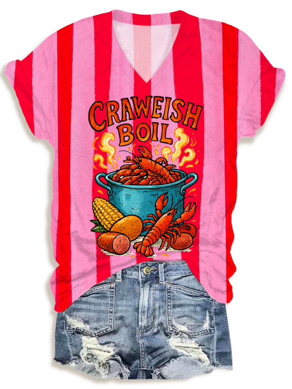 Fun Striped Crawfish Boil V-neck T-Shirt