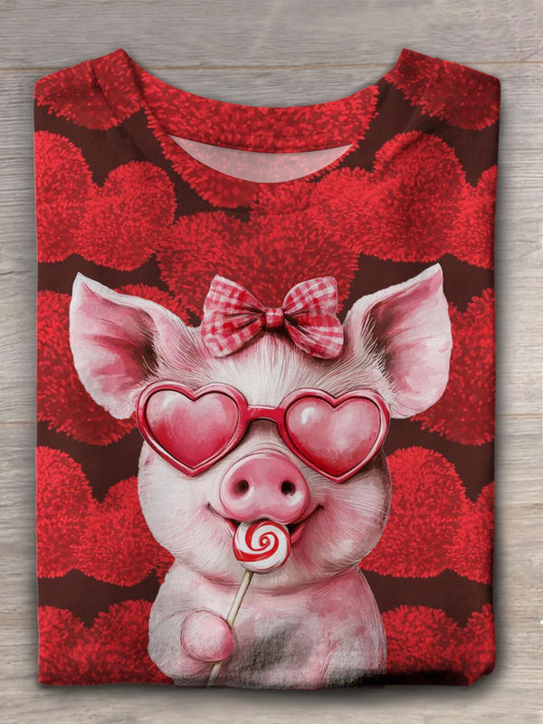 Camiseta de cuello redondo con cerdito coqueto de San Valentín 