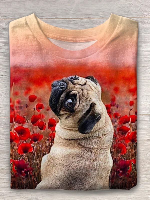 Cute Valentine's Day Rose French Bulldog Print Crew Neck T-shirt