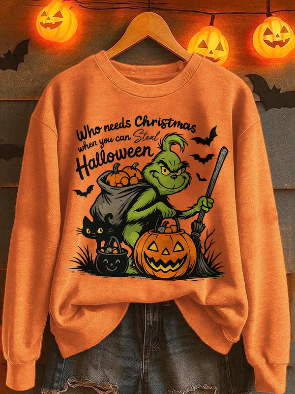 Halloween Vintage Grinch Printed Long Sleeve Casual Top