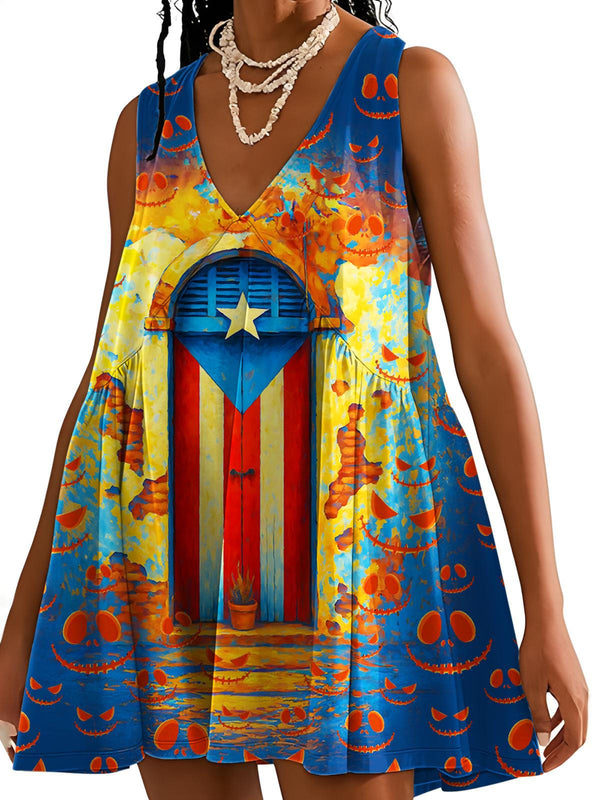 Halloween Puerto Rican Print V-neck Sleeveless Dress