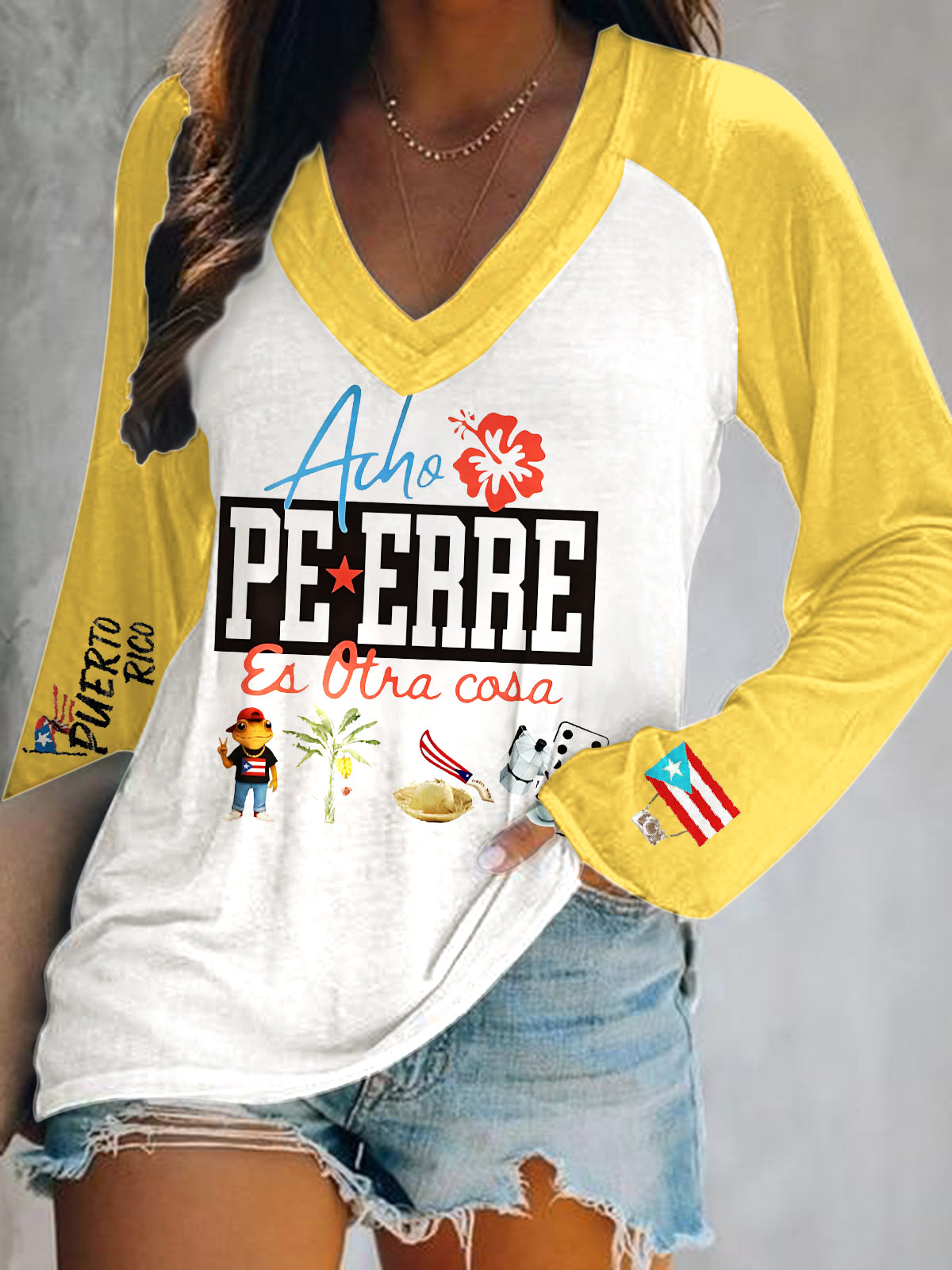 Puerto Rican Print V-Neck Long Sleeve Top