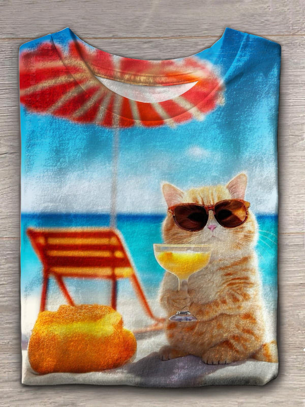 Cute Cat On Vacation Crew Neck T-shirt