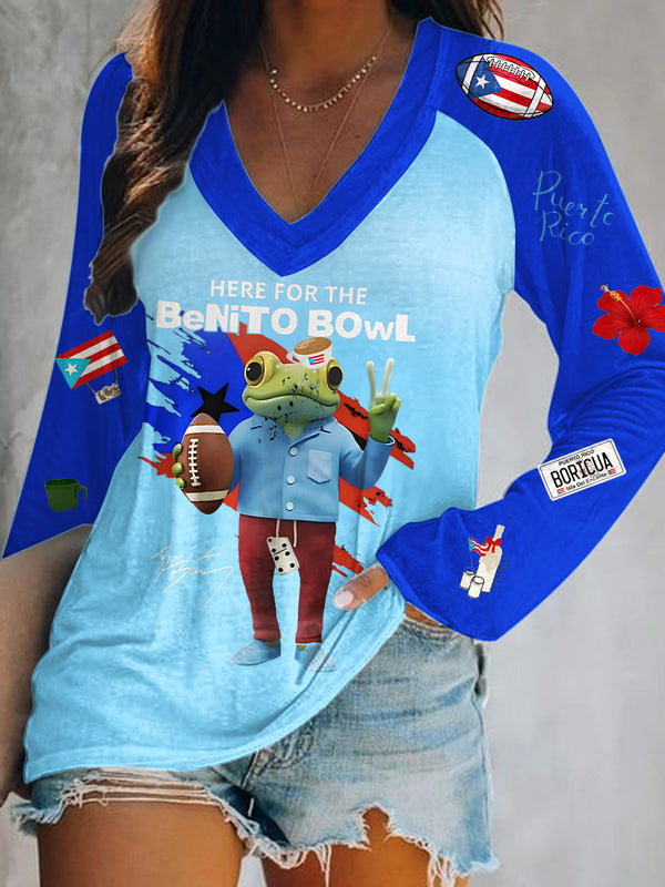 Fun Benito Bowl Print V-Neck Long Sleeve Top