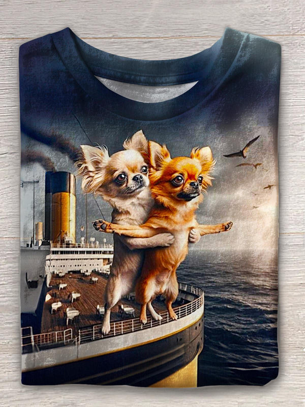 Cute Puppy Titanic Print Crew Neck T-shirt