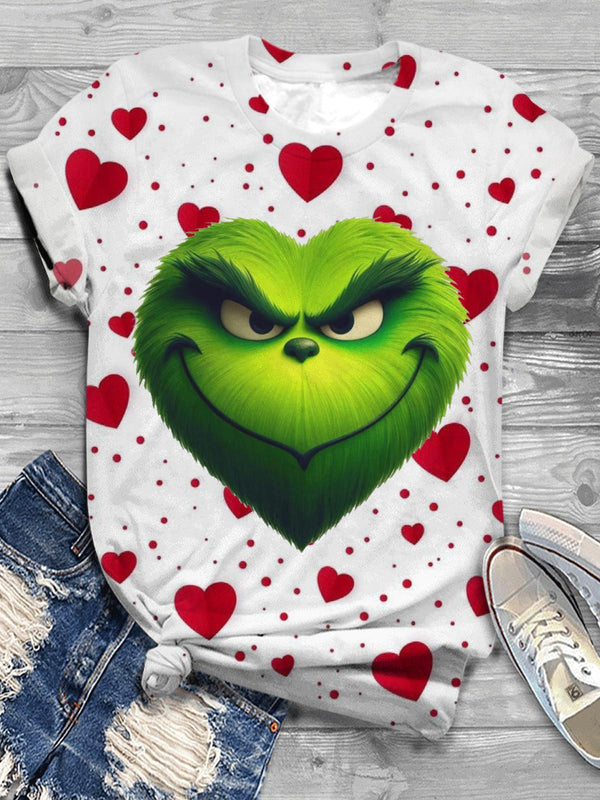 Camiseta de cuello redondo con cara de chico verde y corazón para San Valentín 