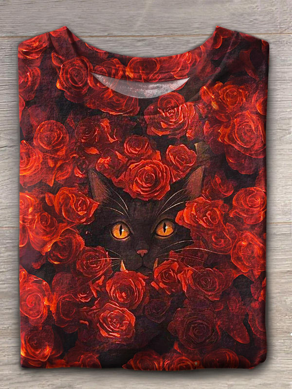 Women's Retro Valentine's Day Rose Cat Print Crew Neck T-shirt