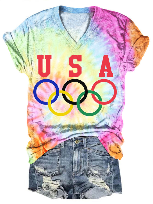 USA Tie Dye Printed V Neck Top