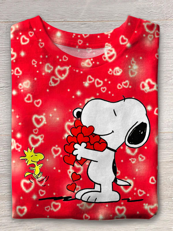 Retro Cute Valentine's Day Heart Snoopy Printed Crew Neck T-shirt