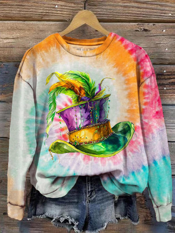 Mardi Gras Party Hat Tie Dye Print Long Sleeve Top