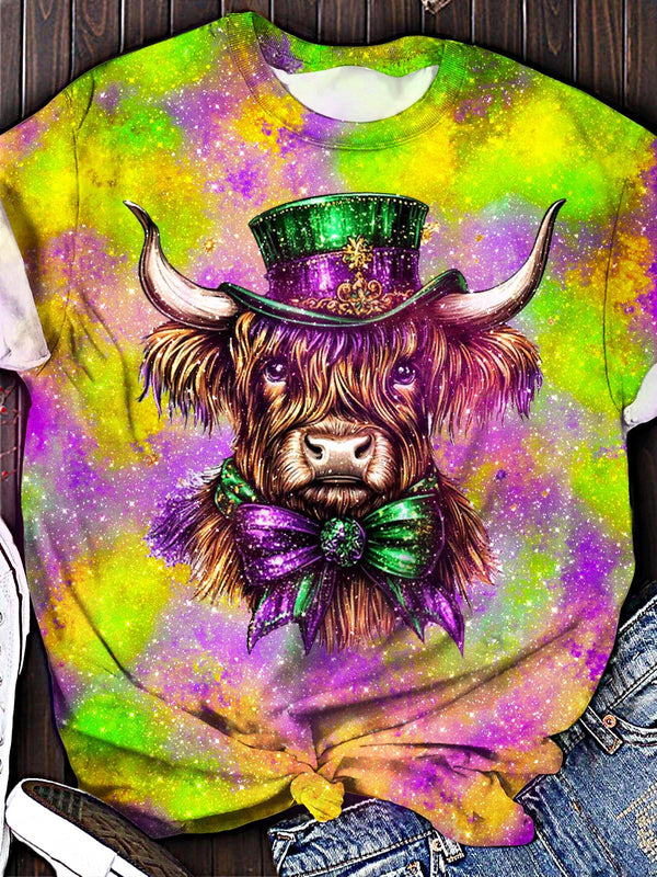 Vintage Mardi Gras Highland Cow Print Crew Neck T-shirt