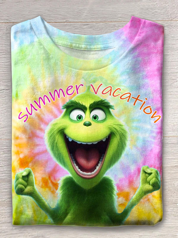 Summer Vacation Tie-Dye Cartoon Print Crew Neck T-shirt