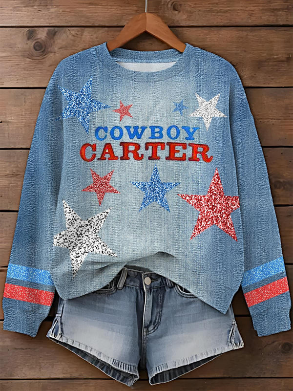Faux Denim Beonce Concert Printed Long Sleeve Casual Top