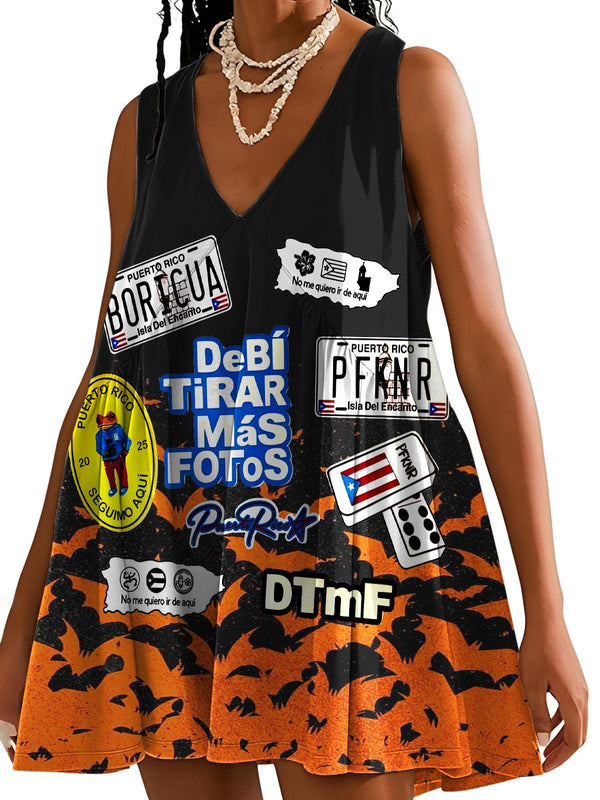 Halloween Puerto Rican Print V-neck Sleeveless Dress