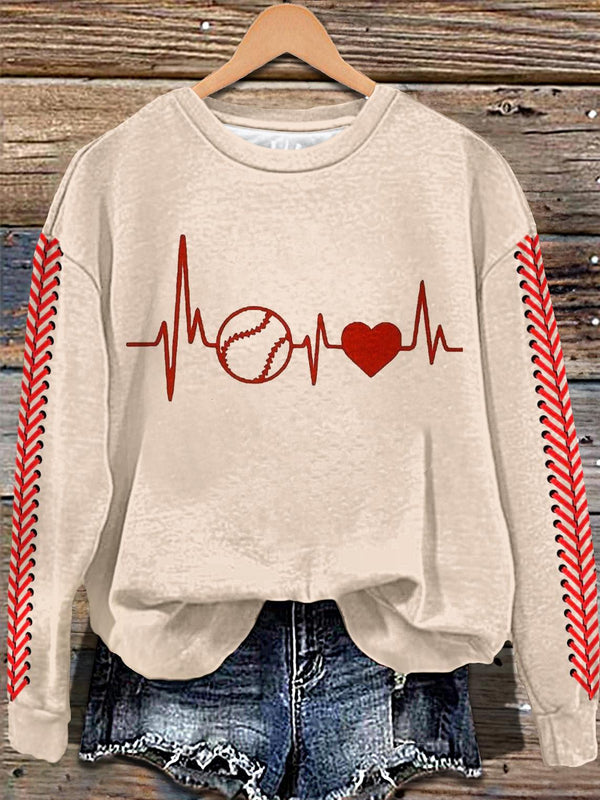 Camiseta informal de manga larga con estampado de corazón y electrocardiograma de béisbol retro 