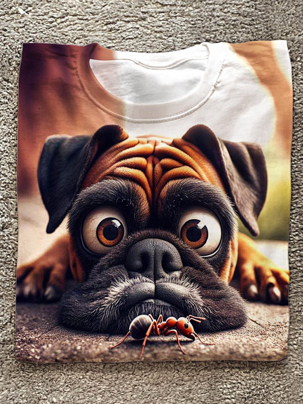 Funny Puppy Ant Print Crew Neck T-shirt