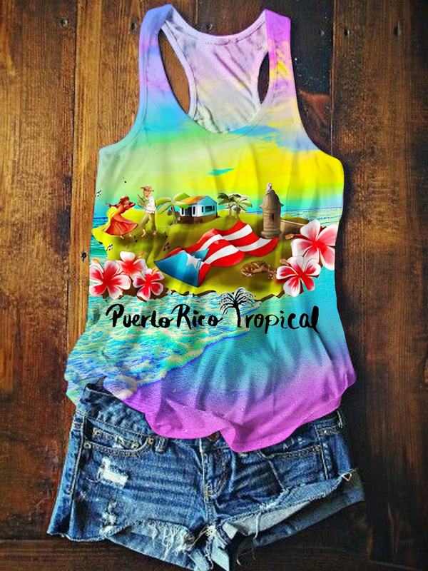 Puerto Rico Tropical Printed Casual Tank Top