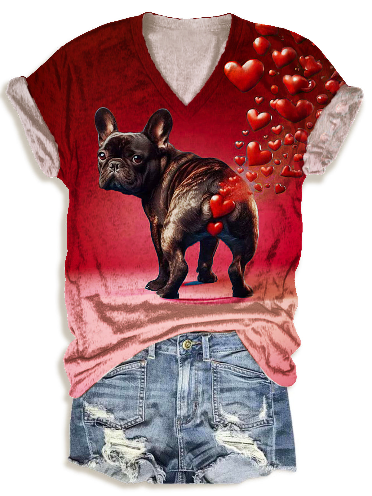 Women's Valentine's Day Heart Funny Farting Puppy Print V-Neck T-Shirt