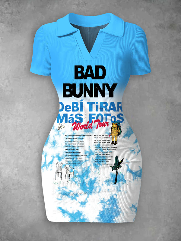 Bad Bunny Print High-Stretch Ribbed Bodycon Mini Dress