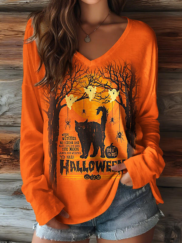 Halloween Kitten Print V-neck Long Sleeve Top