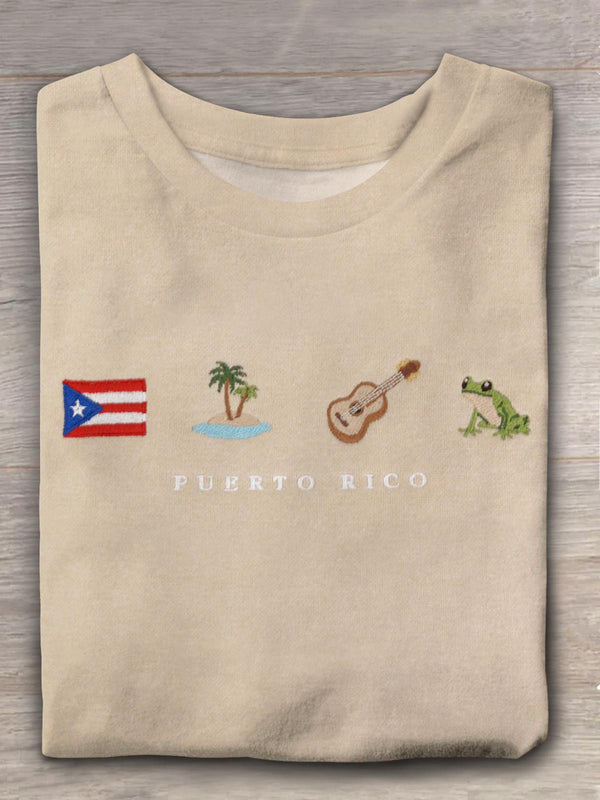 Camiseta de cuello redondo con bordado de Puerto Rico 